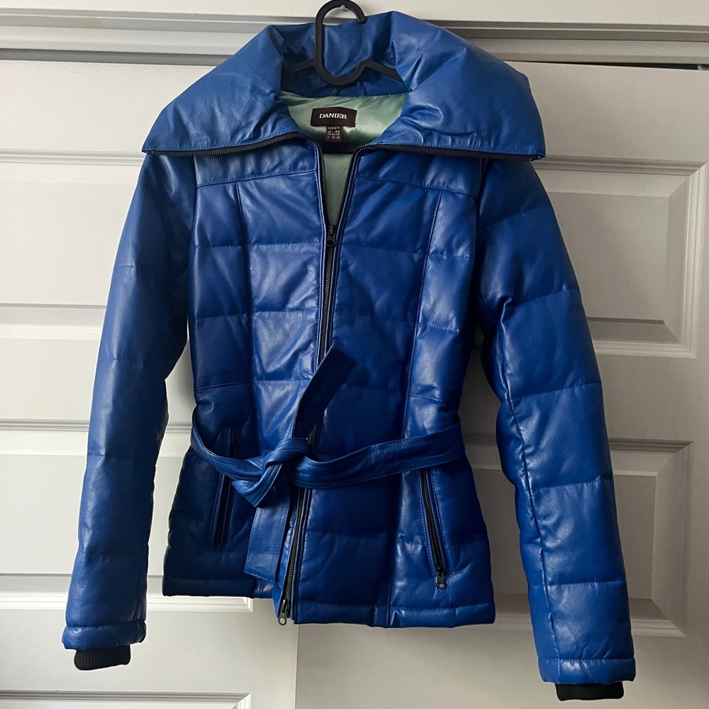 Danier Leather Royal Blue Belted Leather Puffer Jacket - XXS | 4-6